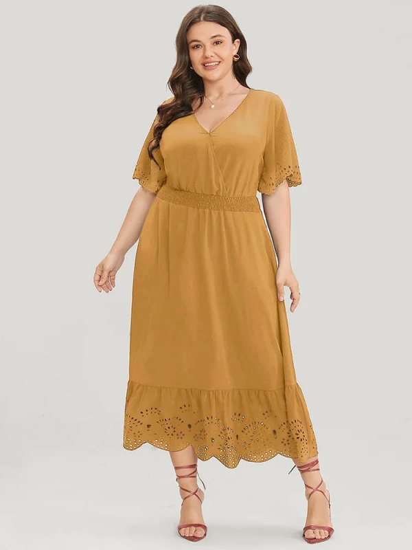 Solid Laser Cut Shirred Pocket Wrap Scalloped Trim Flutter Dress