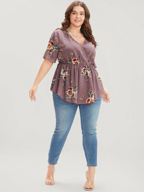 Floral Print Wrap Ruffles Asymmetrical Hem Blouse