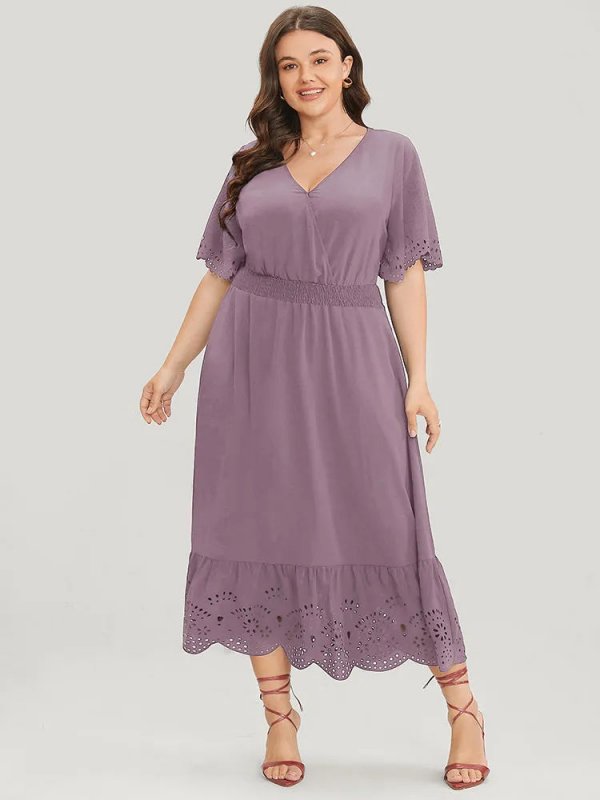 Solid Laser Cut Shirred Pocket Wrap Scalloped Trim Flutter Dress