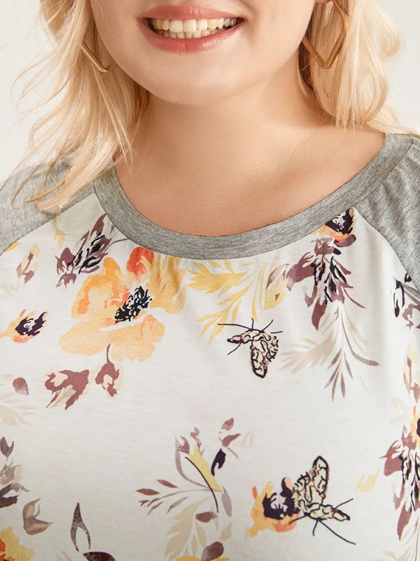 Floral & Butterfly Print Raglan Sleeve  T-shirt