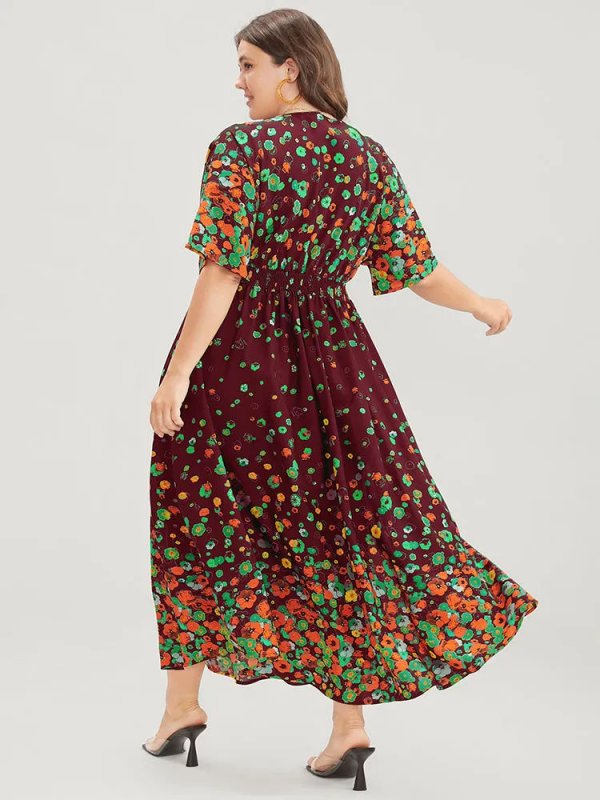 Floral Printed Pocket V Neck Shirred Split Hem Dress