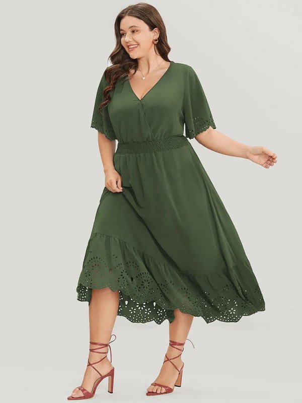 Solid Laser Cut Shirred Pocket Wrap Scalloped Trim Flutter Dress