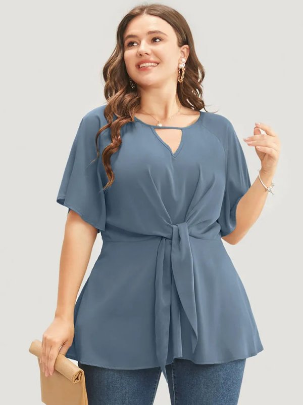 Plain Keyhole Knotted Front Ruffle Sleeve Blouse