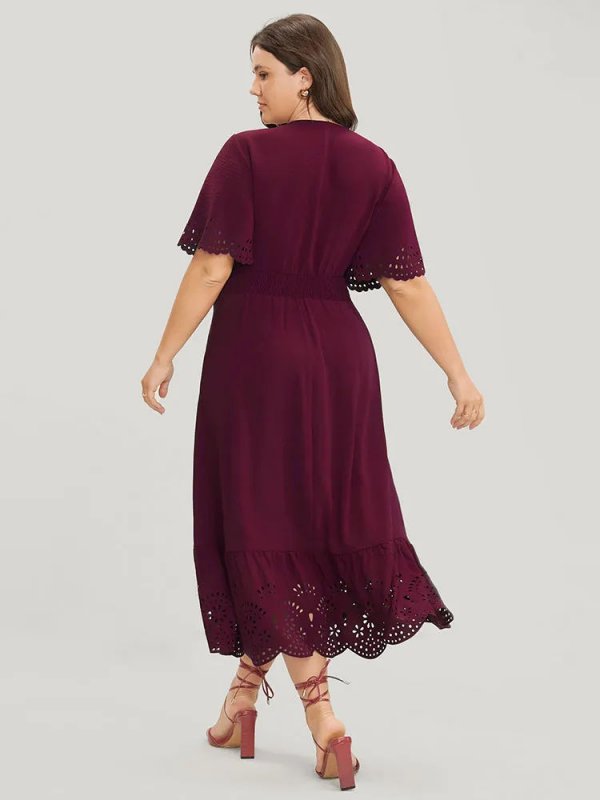 Solid Laser Cut Shirred Pocket Wrap Scalloped Trim Flutter Dress