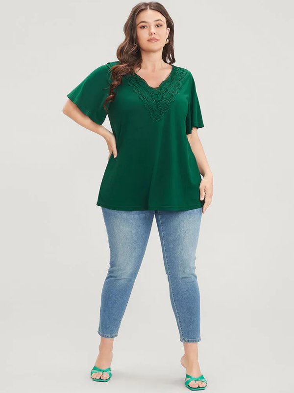 Solid Ruffle Sleeve Lace V Neck T-shirt