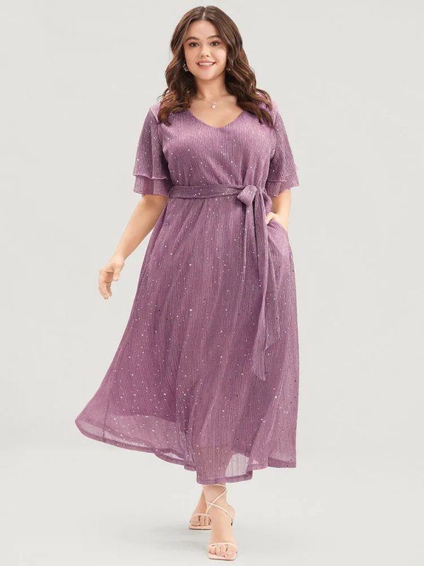 Plain V Neck Mesh Pocket Ruffle Tiered Belted Midi Dress