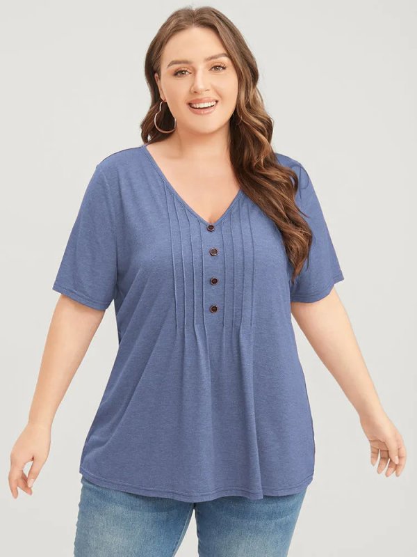 Solid Pleated Front Button Detail V Neck T-shirt