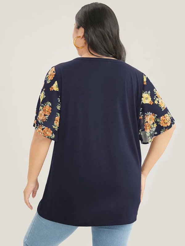 Floral Mesh Patchwork Ruffle Sleeve T-shirt