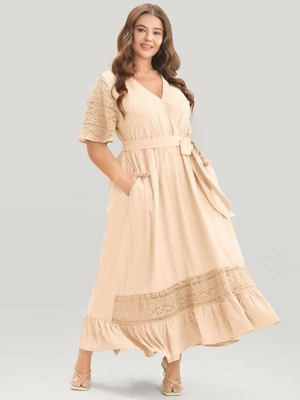 Solid Wrap Pocket Belted Contrast Lace Ruffle Trim Maxi Dress