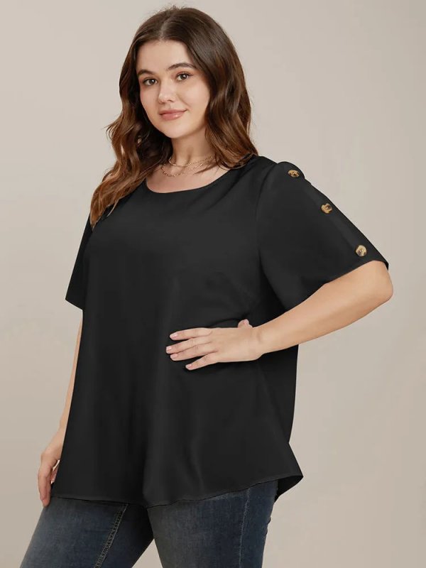 Plain Round Neck Button Detail Blouse