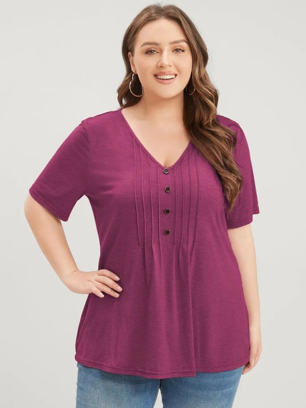 Solid Pleated Front Button Detail V Neck T-shirt