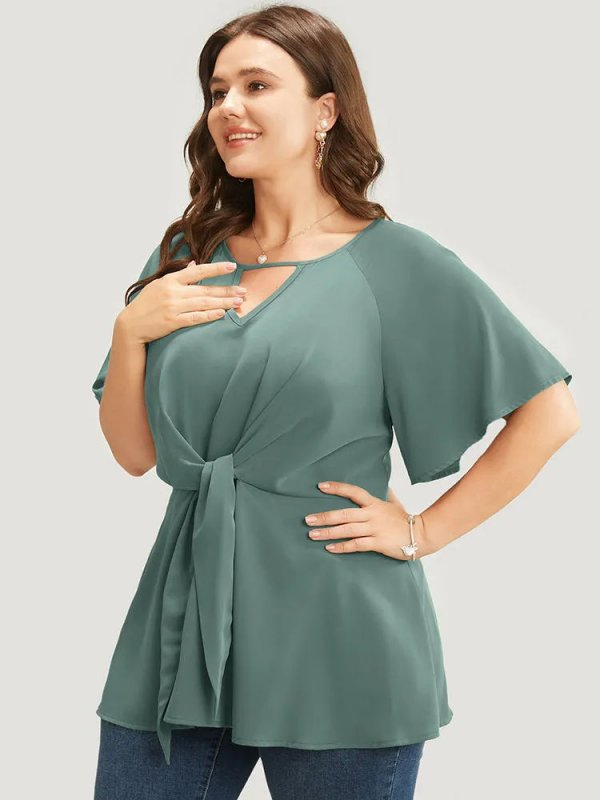 Plain Keyhole Knotted Front Ruffle Sleeve Blouse