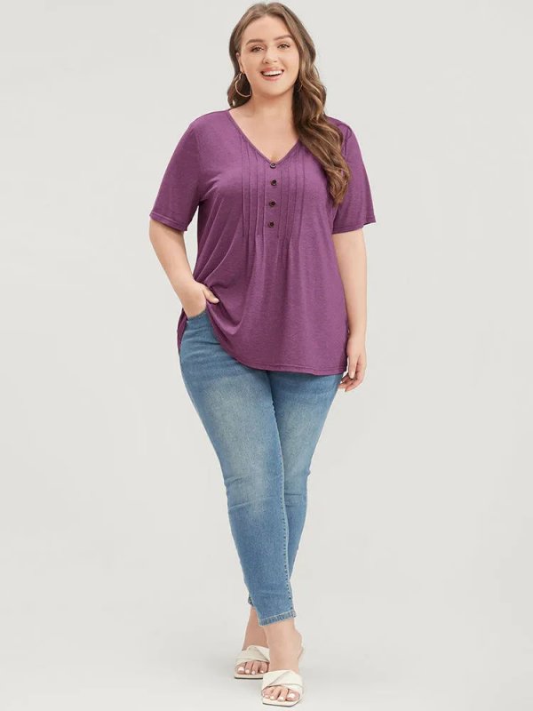 Solid Pleated Front Button Detail V Neck T-shirt