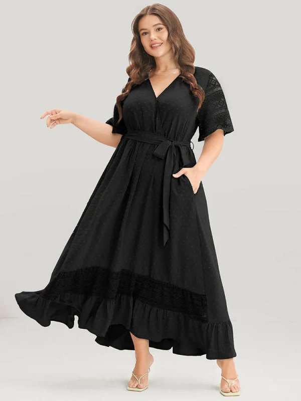 Solid Wrap Pocket Belted Contrast Lace Ruffle Trim Maxi Dress