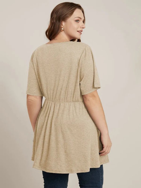 Solid Button V Neck Ruffles Blouse