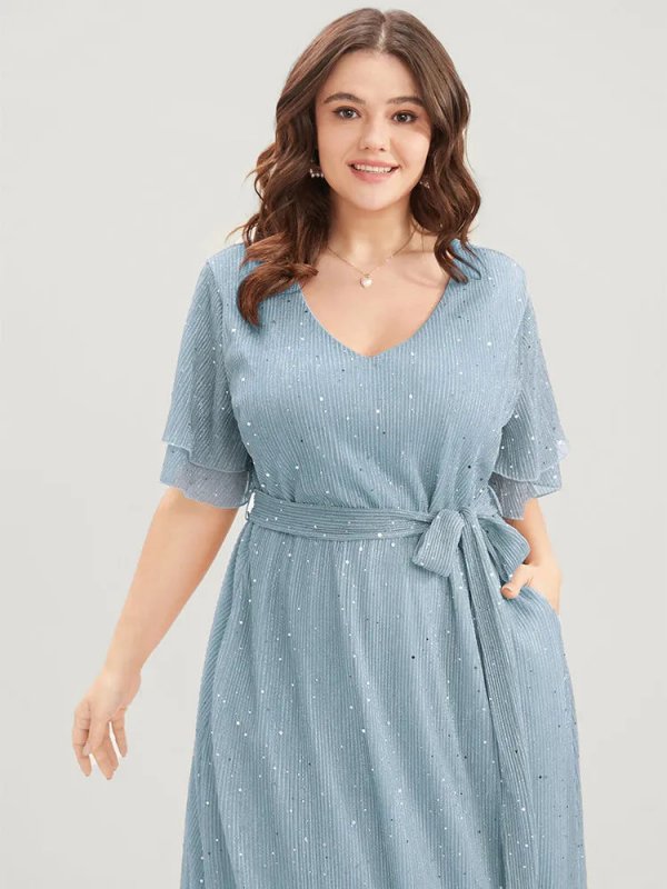 Plain V Neck Mesh Pocket Ruffle Tiered Belted Midi Dress