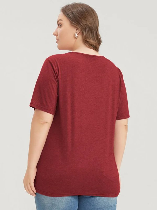 Solid Pleated Front Button Detail V Neck T-shirt