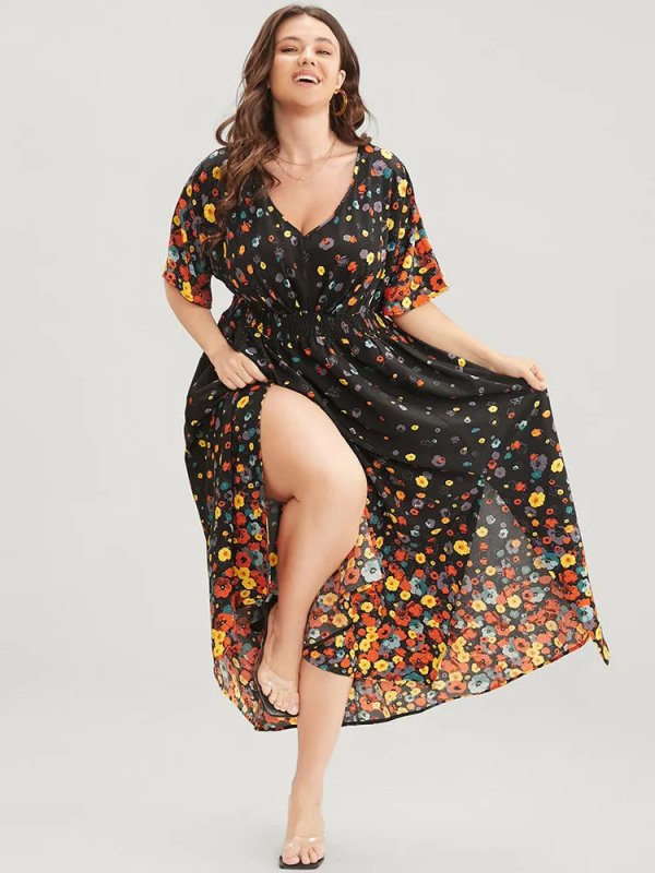 Floral Printed Pocket V Neck Shirred Split Hem Dress