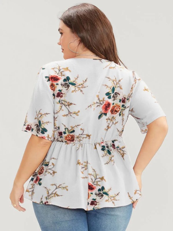 Floral Print Wrap Ruffles Asymmetrical Hem Blouse