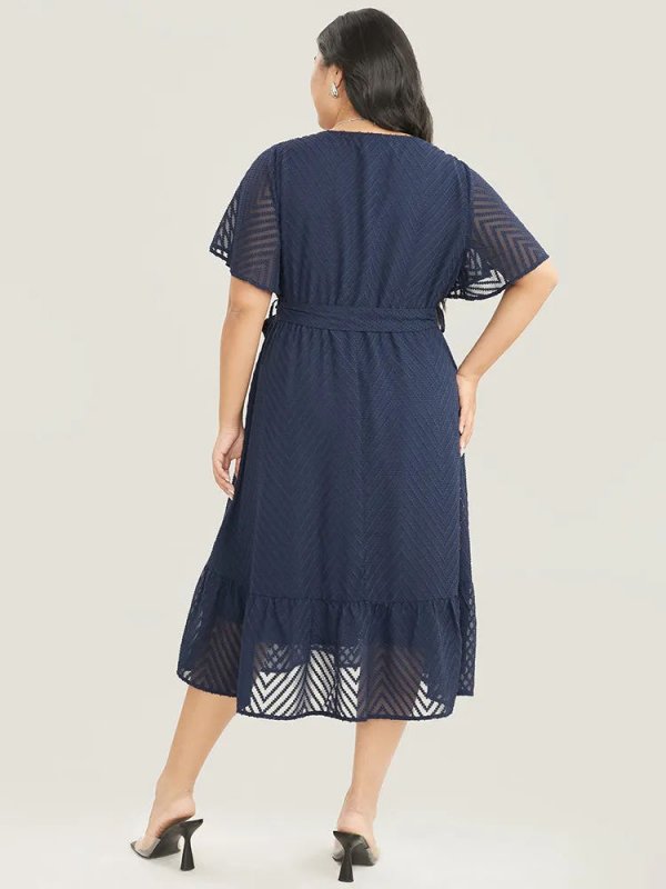 Plain Geometric Pocket Mesh Ruffle Sleeve Belted Wrap Dress