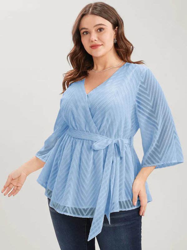 Plain Geometric Mesh Surplice Neck Belted Ruffles Blouse