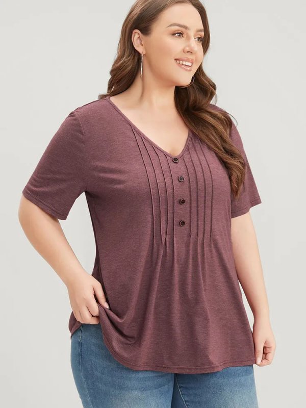Solid Pleated Front Button Detail V Neck T-shirt