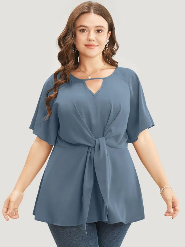 Plain Keyhole Knotted Front Ruffle Sleeve Blouse