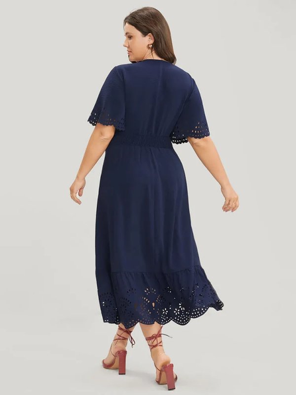 Solid Laser Cut Shirred Pocket Wrap Scalloped Trim Flutter Dress