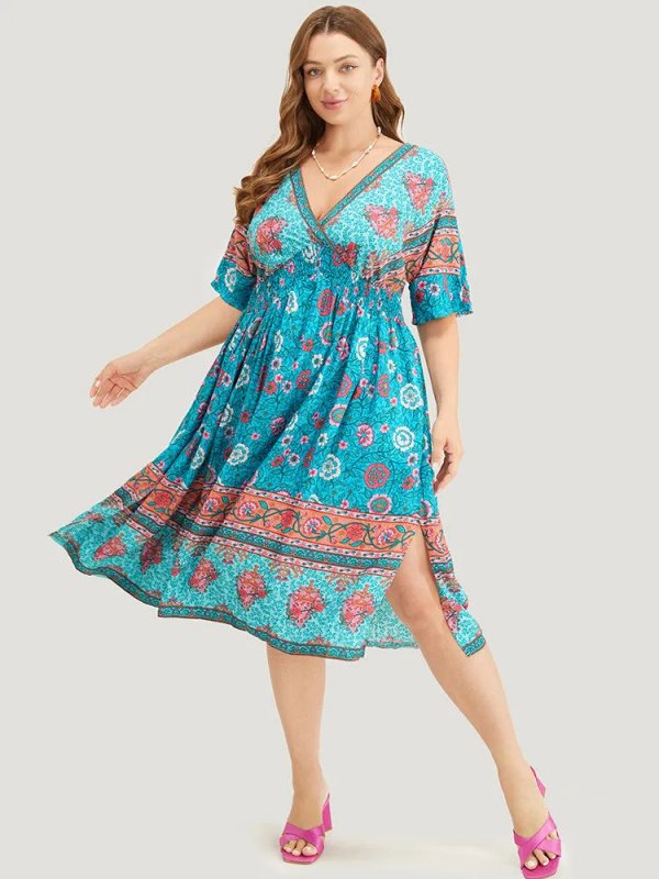 Floral Dolman Sleeve Ruffles Shirred Split Hem Dress