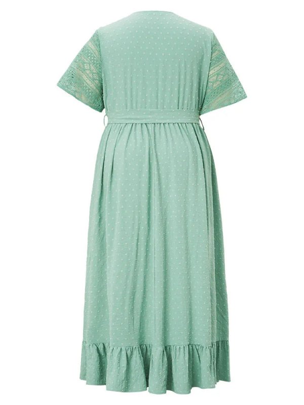Solid Wrap Pocket Belted Contrast Lace Ruffle Trim Maxi Dress