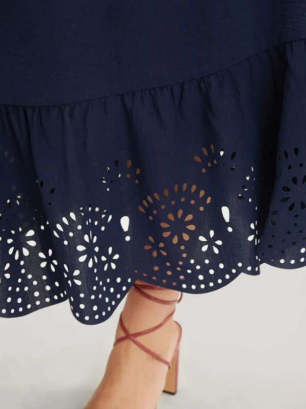 Solid Laser Cut Shirred Pocket Wrap Scalloped Trim Flutter Dress