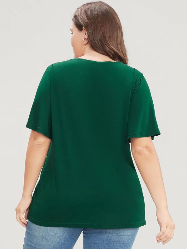 Solid Ruffle Sleeve Lace V Neck T-shirt