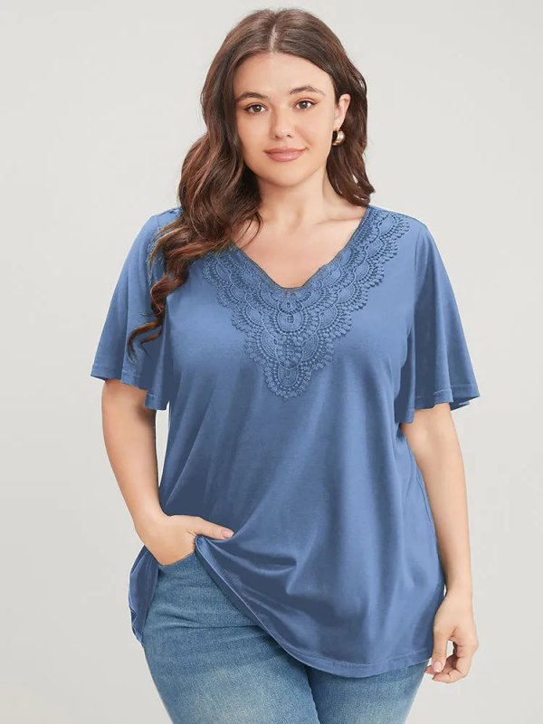 Solid Ruffle Sleeve Lace V Neck T-shirt
