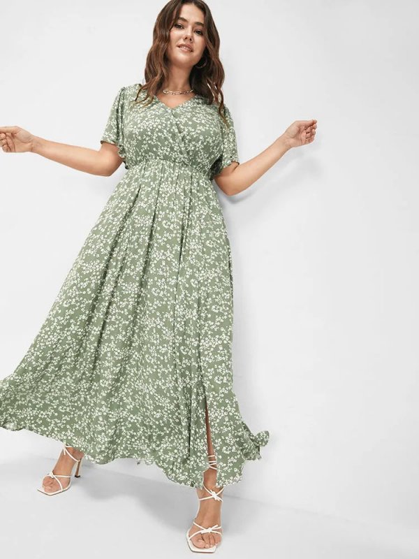 [Hot Sale] Flutter Sleeve Ditsy Floral Pocket Split Maxi Dress