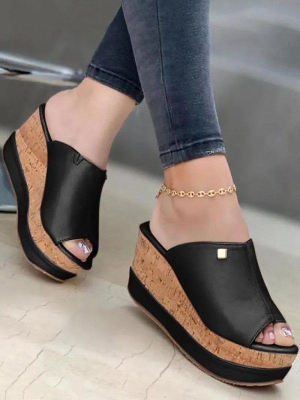 Contrast Paneled Peep Toe Wedge Shoes
