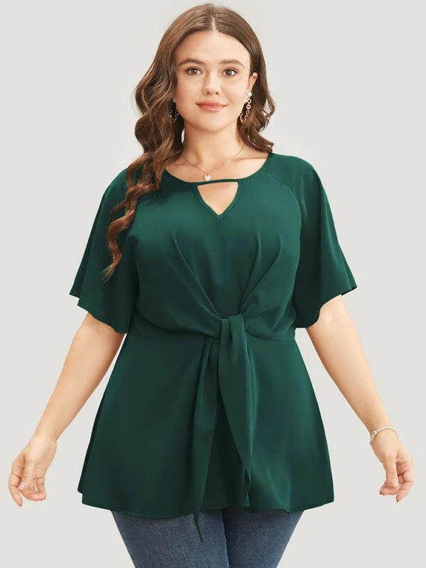 Plain Keyhole Knotted Front Ruffle Sleeve Blouse