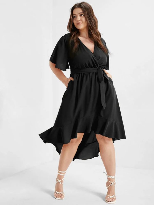 Bloom Dress - Solid Tie Surplice Ruffle High Low Dress