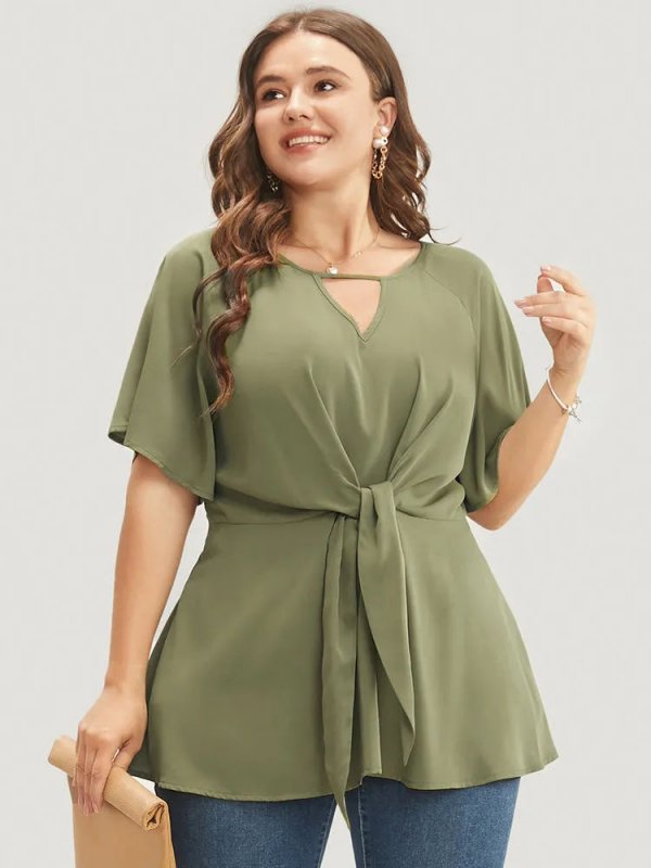 Plain Keyhole Knotted Front Ruffle Sleeve Blouse