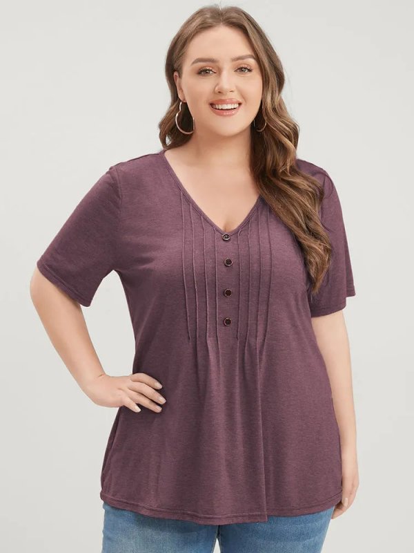 Solid Pleated Front Button Detail V Neck T-shirt