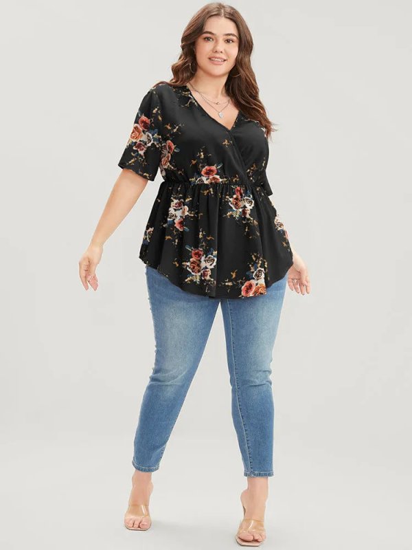 Floral Print Wrap Ruffles Asymmetrical Hem Blouse