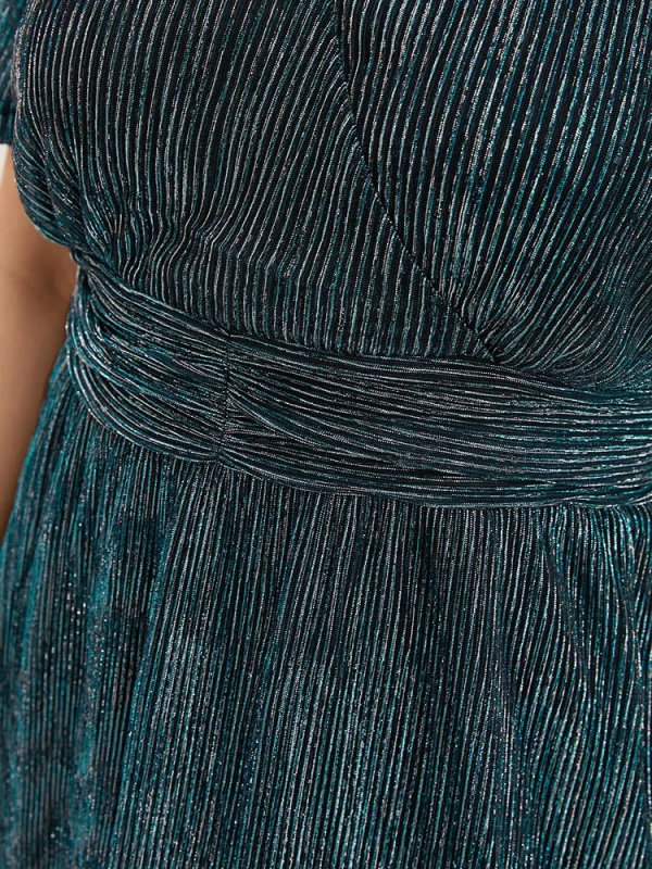 Glitter Mesh Surplice Neck Ruffle Sleeve Pocket Midi Dress