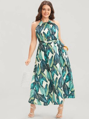 Tropical Print Knotted Pocket Ruffles Belted Halter Dress