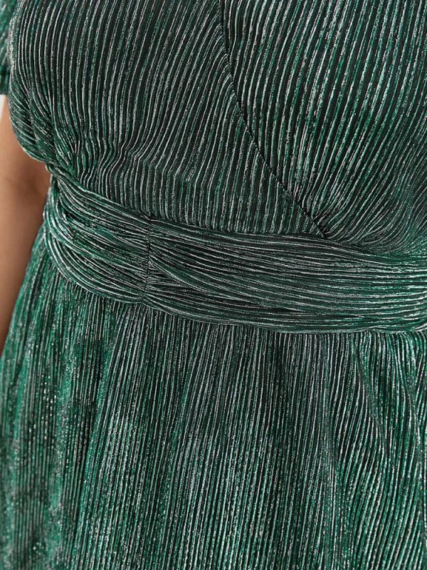 Glitter Mesh Surplice Neck Ruffle Sleeve Pocket Midi Dress