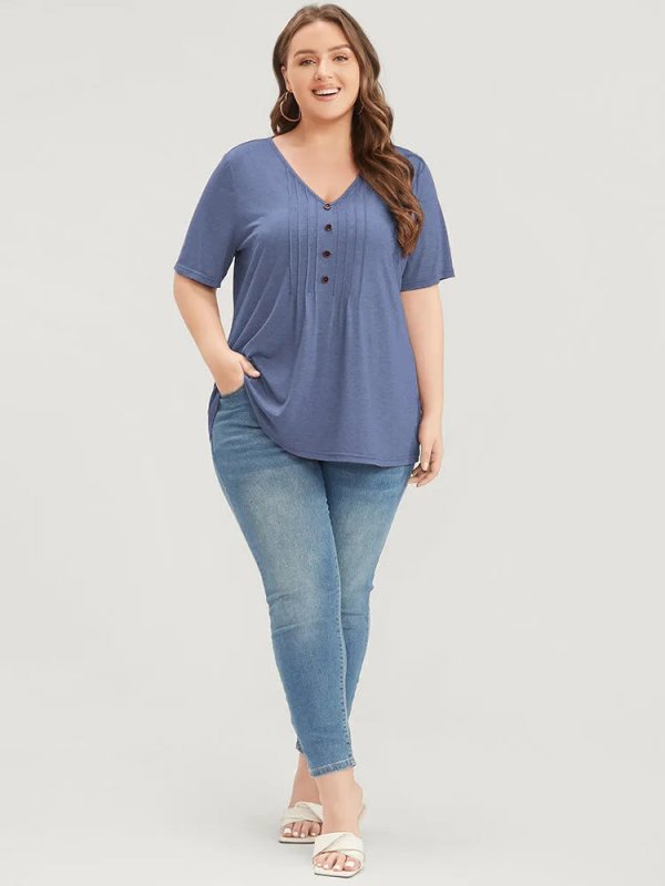 Solid Pleated Front Button Detail V Neck T-shirt