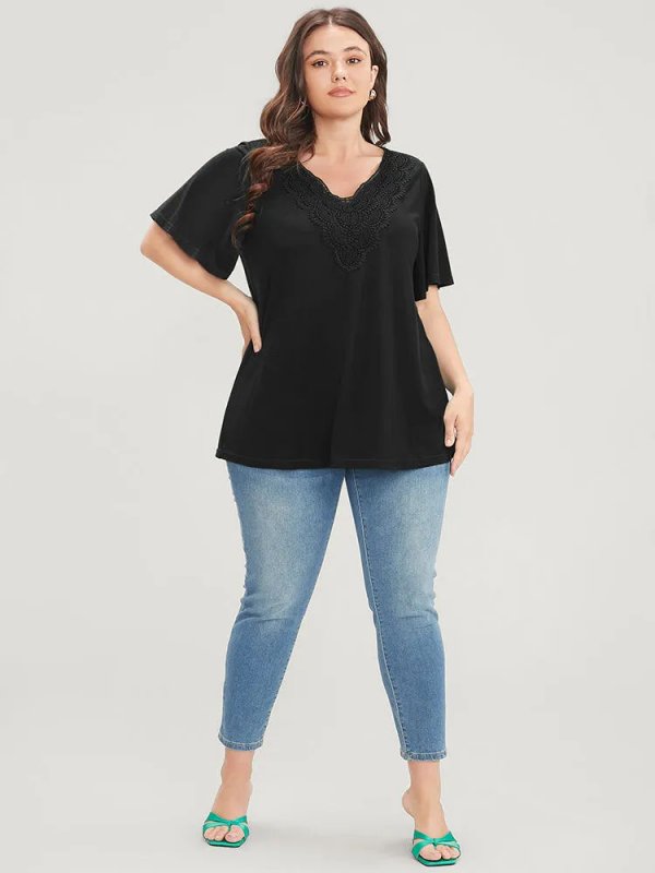 Solid Ruffle Sleeve Lace V Neck T-shirt