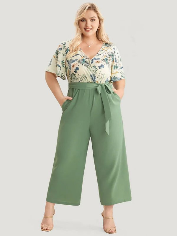Floral Patchwork Wrap Belted Pocket Jumpsuit