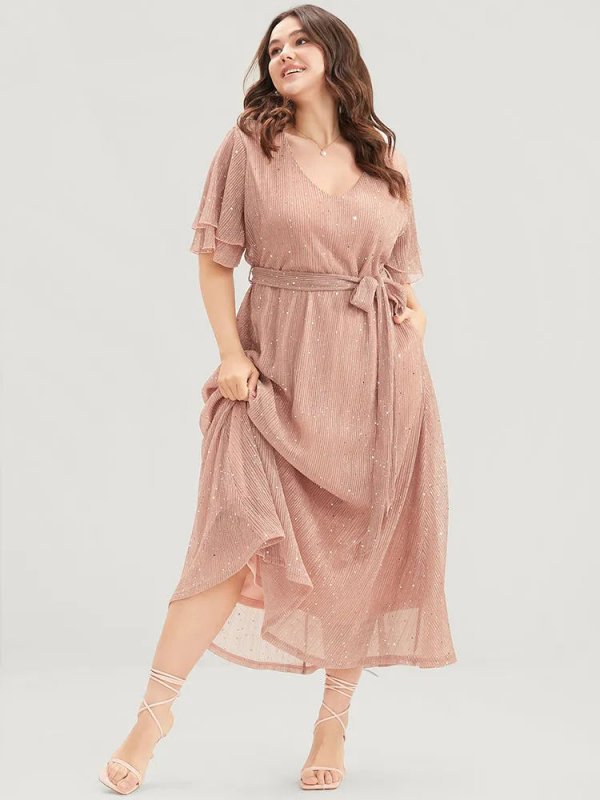 Plain V Neck Mesh Pocket Ruffle Tiered Belted Midi Dress