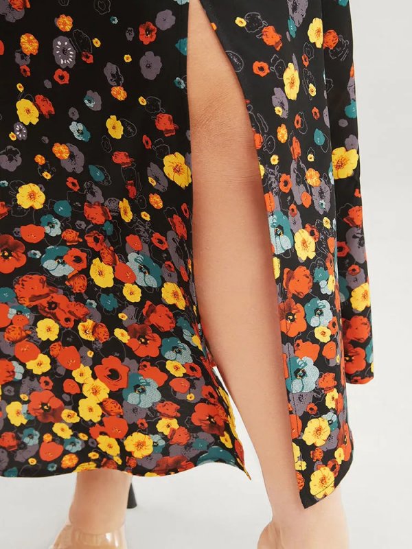 Floral Printed Pocket V Neck Shirred Split Hem Dress