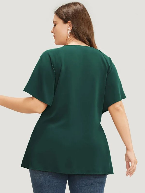 Plain Keyhole Knotted Front Ruffle Sleeve Blouse