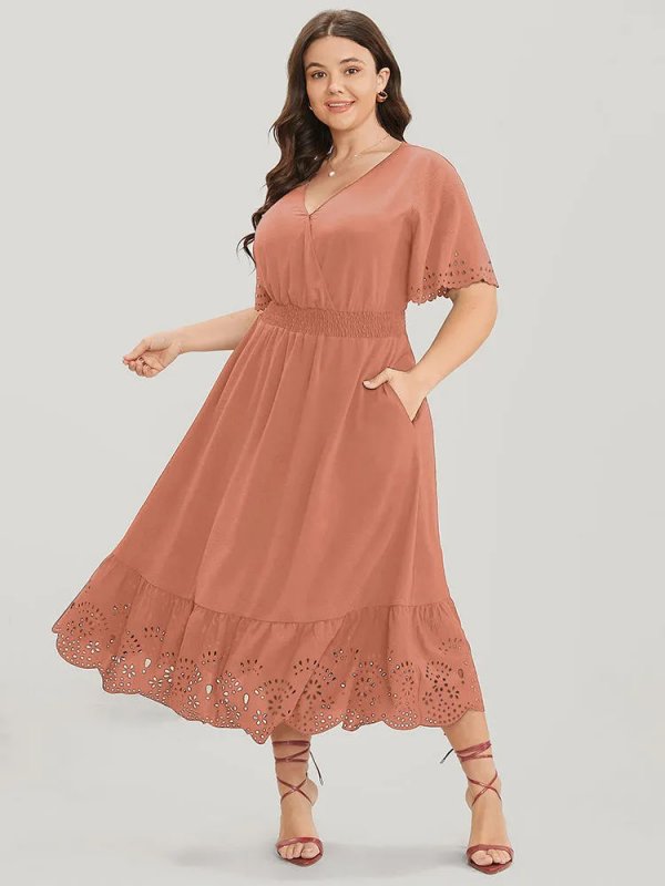 Solid Laser Cut Shirred Pocket Wrap Scalloped Trim Flutter Dress